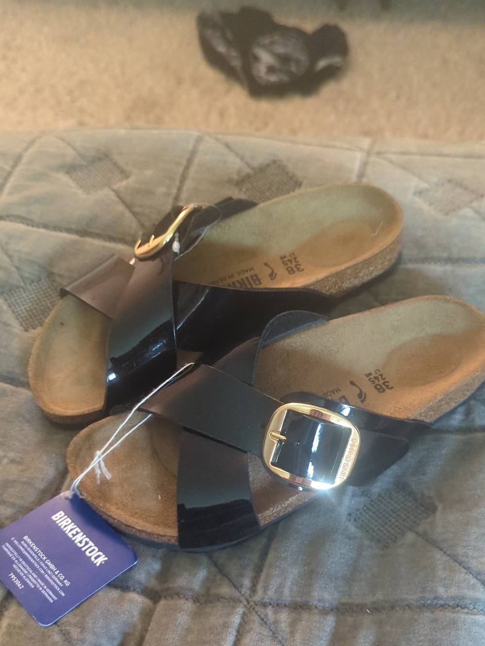 Birkenstock Black Patent Siena Crossband Sandals with Gold Buckles